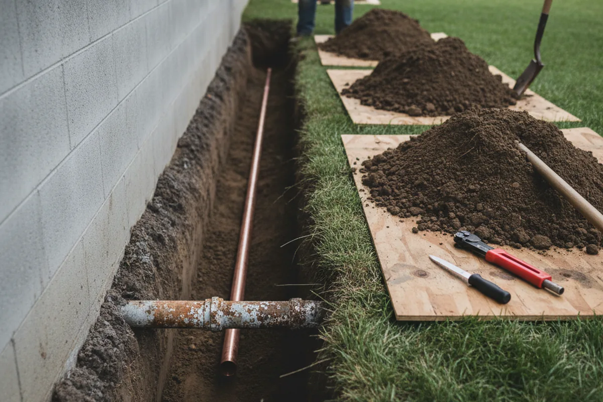 Excavated water line trench during Water Heater Repair in Fresno